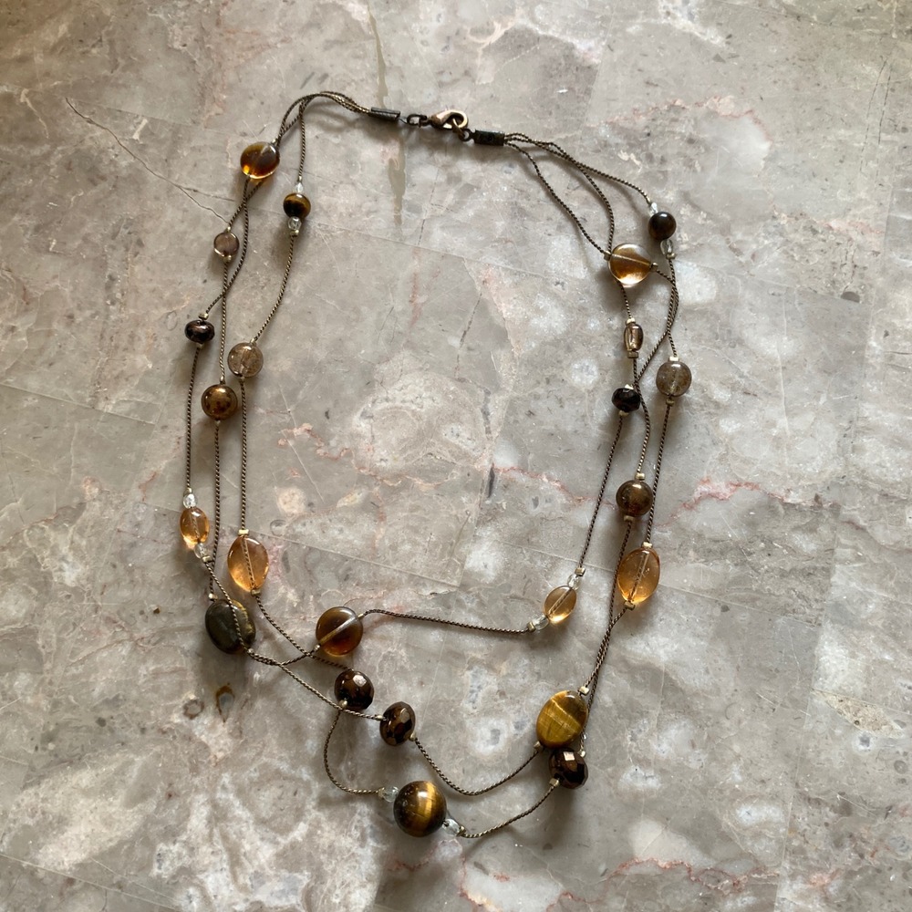 Bronze Multi Strand Layered Necklace Tigers Eye Amber Glass Bead Boho Statement